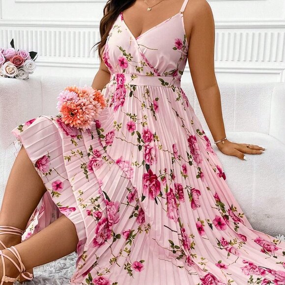 Pink Boho Women's Plus Size Floral Printed Pleated Sleeveless Cami Dress Outfit - Picture 1 of 7